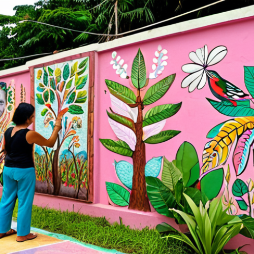 A vibrant community art project in a bustling Malaysian neighborhood. Diverse local artists, alongside children and elderly residents, collaboratively paint a large mural or sculpt a piece using recycled materials and natural pigments. The scene radiates unity and environmental consciousness, with lush tropical plants subtly integrated into the background, signifying eco-friendly practices and the positive social impact of sustainable art. The atmosphere is dynamic and uplifting.