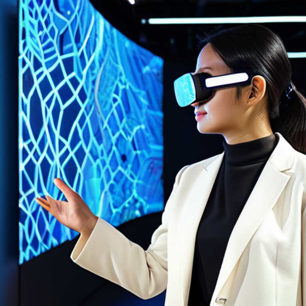 A professional Malaysian art curator, female, in her early 30s, wearing modest, contemporary business attire, fully clothed. She stands confidently in a sleek, futuristic art gallery, surrounded by glowing holographic projections of intricate digital art pieces and interactive virtual reality displays. Large screens in the background show global audience engagement metrics. The space is minimalist with clean lines and warm ambient lighting. Professional photography, high resolution, perfect anatomy, correct proportions, natural pose, well-formed hands, proper finger count, safe for work, appropriate content, fully clothed, professional.