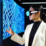 A professional Malaysian art curator, female, in her early 30s, wearing modest, contemporary business attire, fully clothed. She stands confidently in a sleek, futuristic art gallery, surrounded by glowing holographic projections of intricate digital art pieces and interactive virtual reality displays. Large screens in the background show global audience engagement metrics. The space is minimalist with clean lines and warm ambient lighting. Professional photography, high resolution, perfect anatomy, correct proportions, natural pose, well-formed hands, proper finger count, safe for work, appropriate content, fully clothed, professional.