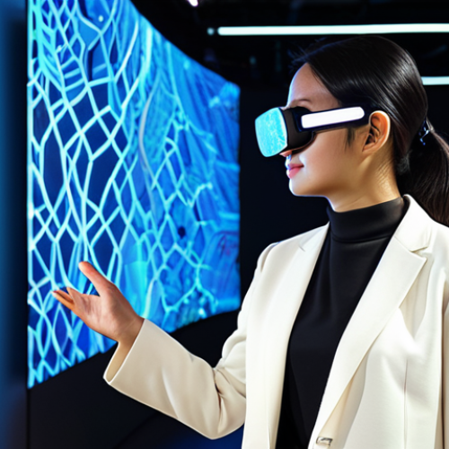 A professional Malaysian art curator, female, in her early 30s, wearing modest, contemporary business attire, fully clothed. She stands confidently in a sleek, futuristic art gallery, surrounded by glowing holographic projections of intricate digital art pieces and interactive virtual reality displays. Large screens in the background show global audience engagement metrics. The space is minimalist with clean lines and warm ambient lighting. Professional photography, high resolution, perfect anatomy, correct proportions, natural pose, well-formed hands, proper finger count, safe for work, appropriate content, fully clothed, professional.