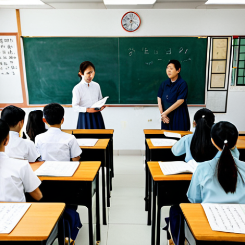 **

"A vibrant scene of a Korean language class in Malaysia, with students of diverse backgrounds attentively learning from a teacher. The classroom is decorated with Korean calligraphy and cultural artifacts. Students are fully clothed in modest attire, engaged in a language exercise. Safe for work, appropriate content, professional setting, perfect anatomy, natural proportions, family-friendly."

**