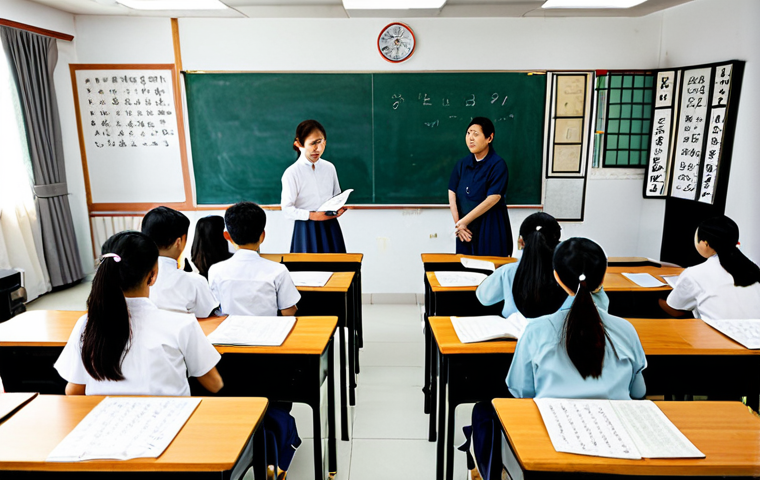 **

"A vibrant scene of a Korean language class in Malaysia, with students of diverse backgrounds attentively learning from a teacher. The classroom is decorated with Korean calligraphy and cultural artifacts. Students are fully clothed in modest attire, engaged in a language exercise. Safe for work, appropriate content, professional setting, perfect anatomy, natural proportions, family-friendly."

**