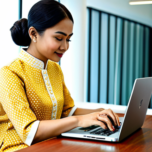 **

"A professional Malaysian businesswoman in a modest baju kurung, working on a laptop at a desk in a bright, modern co-working space in Kuala Lumpur, fully clothed, appropriate attire, safe for work, perfect anatomy, natural proportions, professional photography, high quality."

**