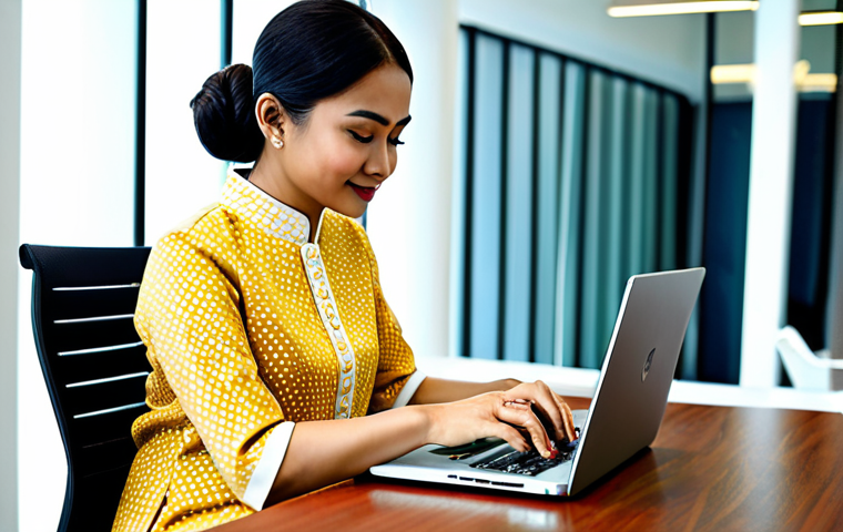 **

"A professional Malaysian businesswoman in a modest baju kurung, working on a laptop at a desk in a bright, modern co-working space in Kuala Lumpur, fully clothed, appropriate attire, safe for work, perfect anatomy, natural proportions, professional photography, high quality."

**